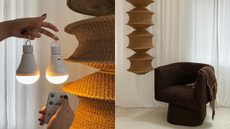 Two images next to each other, one depicting a close up of a woven lamp with two wireless lightbulbs, the second showing the lamp suspended from the ceiling next to a brown armchair