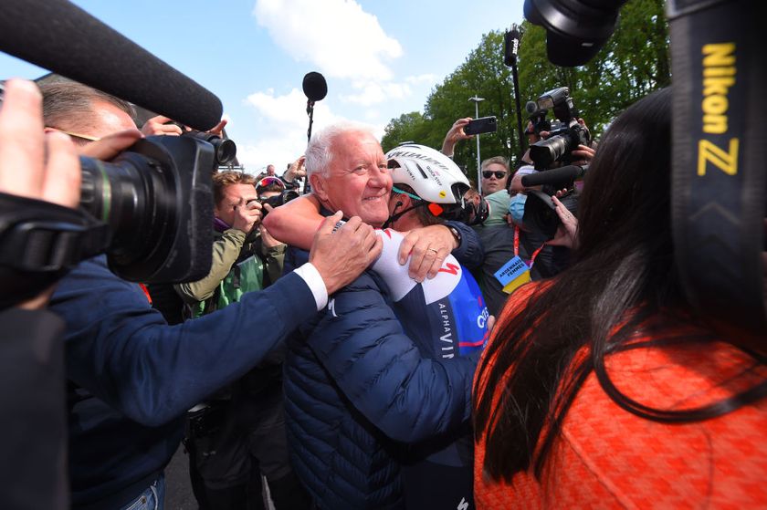 LIEGE, BELGIUM - APRIL 24: Remco Evenepoel of Belgium and Team Quick-Step - Alpha Vinyl celebrates as race winner with Patrick Lefevere of Belgium CEO Team manager during the 108th Liege - Bastogne - Liege 2022 - Men&amp;apos;s Elite a 257,2km one day race from Li&egrave;ge to Li&egrave;ge / #LBL / #WorldTour / on April 24, 2022 in Liege, Belgium. (Photo by Luc Claessen/Getty Images)