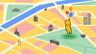 Street View has turned 15, so Pegman is flying over a city carrying balloons