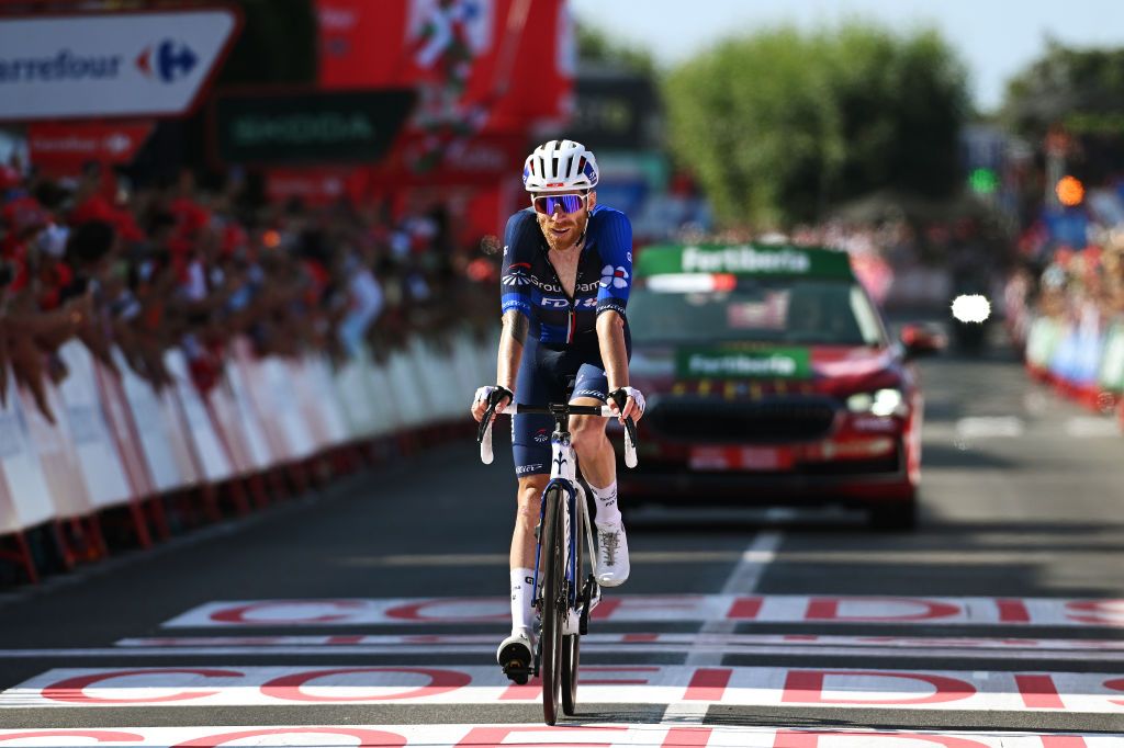 BAIONA SPAIN AUGUST 27 Quentin Pacher of France and Team GroupamaFDJ crosses the finish line as second place winner during the La Vuelta 79th Tour of Spain 2024 Stage 10 a 160km stage from Ponteareas to Baiona UCIWT on August 27 2024 in Baiona Spain Photo by Dario BelingheriGetty Images