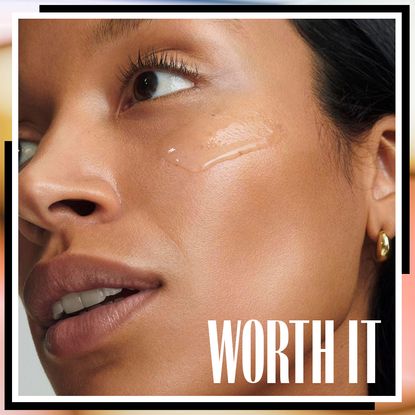 model with serum on her face with worth it text overlayed