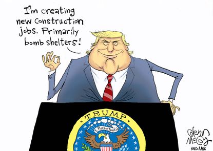 Political cartoon U.S. Trump jobs North Korea nuclear threat