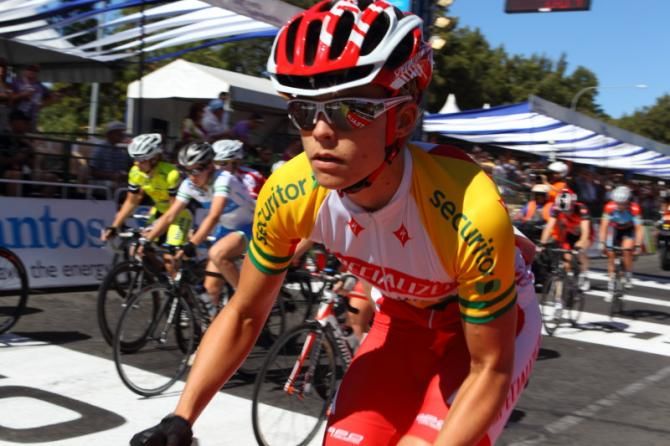 The race begins - Kimberley Wells (Specialized - Securitor) heads off