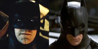 Split image of Ben Affleck and Christian Bale as Batman.
