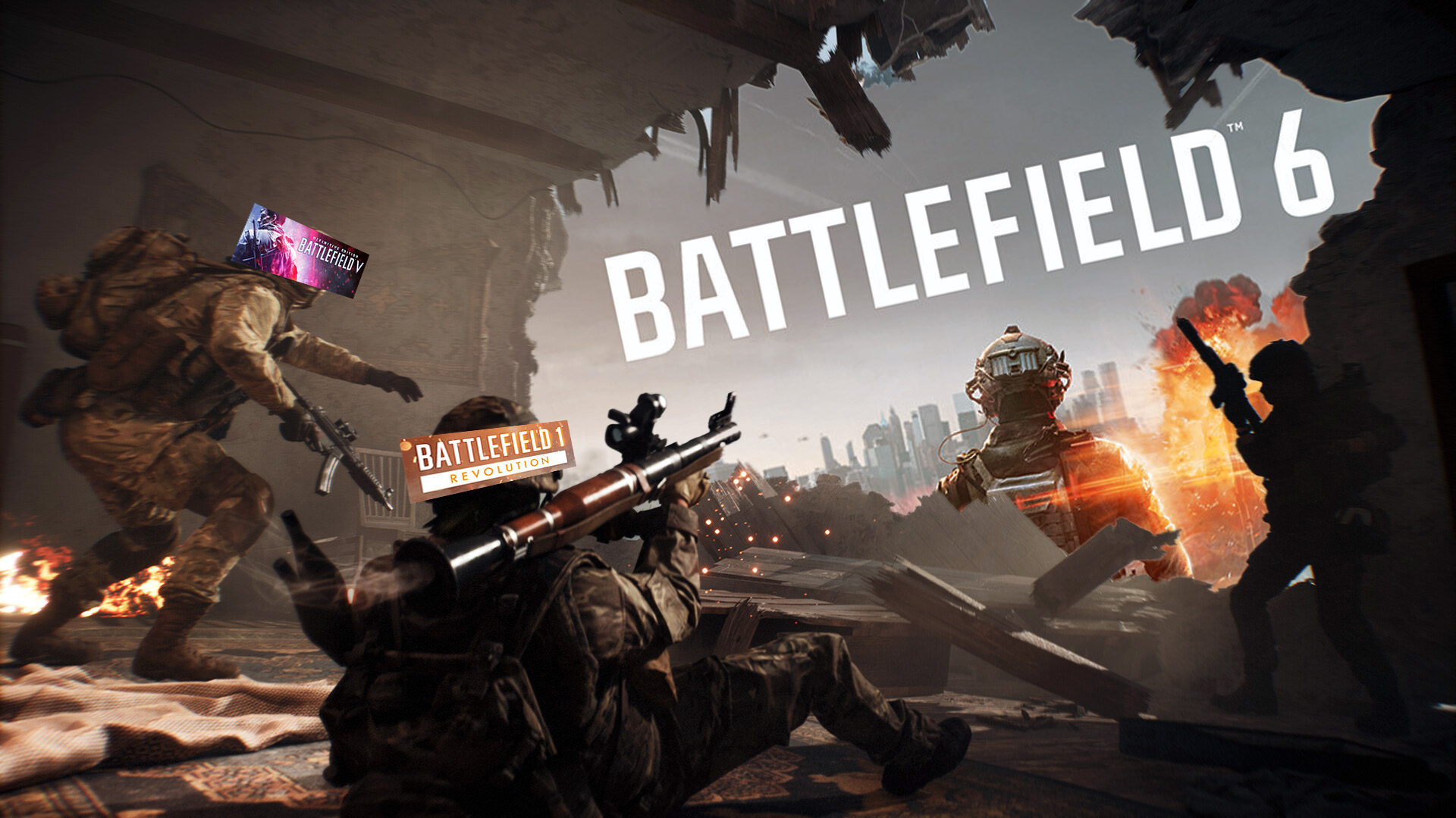Battlefield 6 environment showing game logo through a damaged wall, as soldiers representing Battlefield V and Battlefield 1 look on