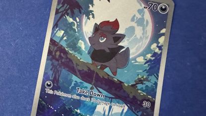A Zorua walks along a branch beneath a full moon in a Pokemon Black Bolt and White Flare card, which sits on a blue surface