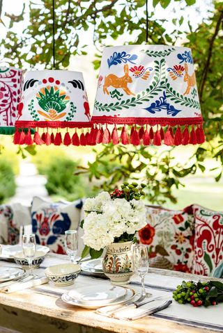 garden decor ideas: hanging patterned lampshades from Mindthegap
