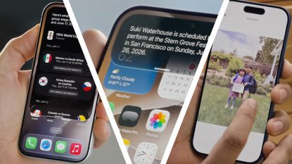 Three iPhones being held showing iOS 27 features
