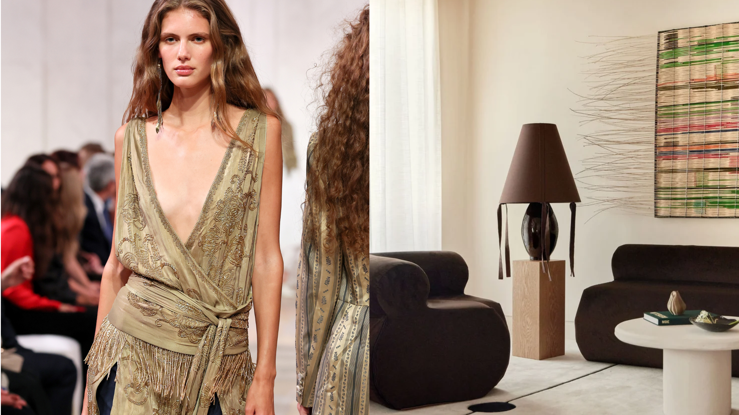 Side-by-side of model wearing a plunge neck embellished tank top accented by a low-slung sash tie and a contemporary cream-and-brown living room featuring an oversized lamp with sash ties