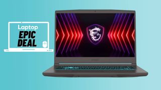 Gray MSI Thin 15 B13V gaming laptop against blue gradient background with epic deal badge.