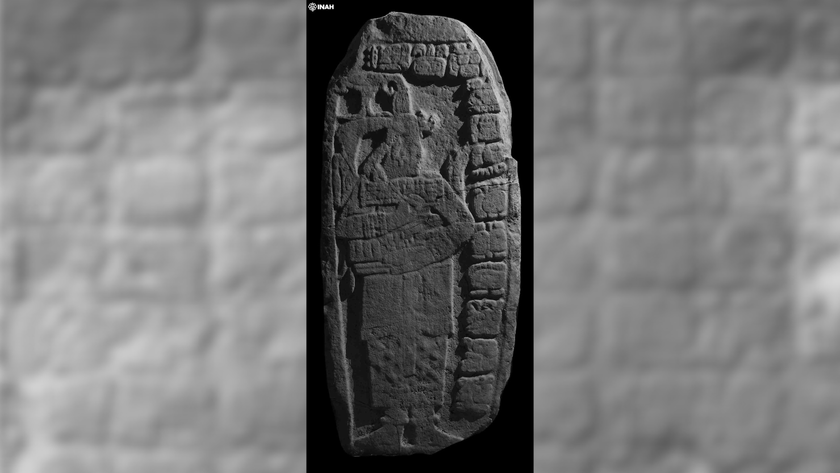 a standing stone from the Maya world decorated with a person and hieroglyphs