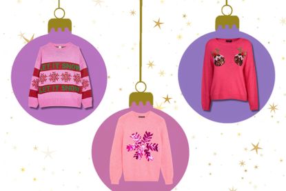 A selection of the best Christmas jumpers for 2022 featuring three different Christmas jumpers on a background of baubles