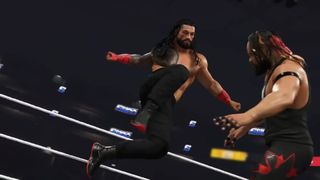 Roman Reigns performing a Superman Punch on Jacob Fatu in WWE 2K25