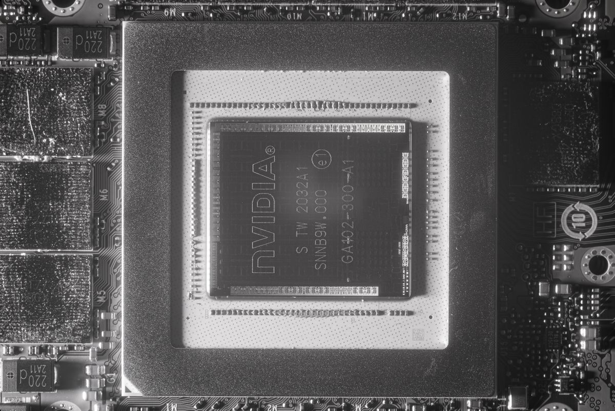 Closeup die shot of Nvidia&#039;s GA102 Ampere RTX 3090 die