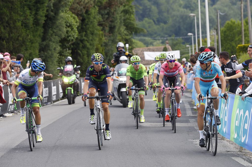Esteban Chaves checks on the GC group during stage 11