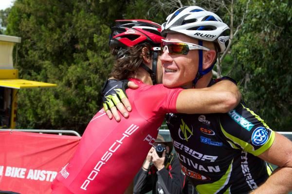 Runner up Lachlan Norris congratulates race winner Chris Jongewaard.