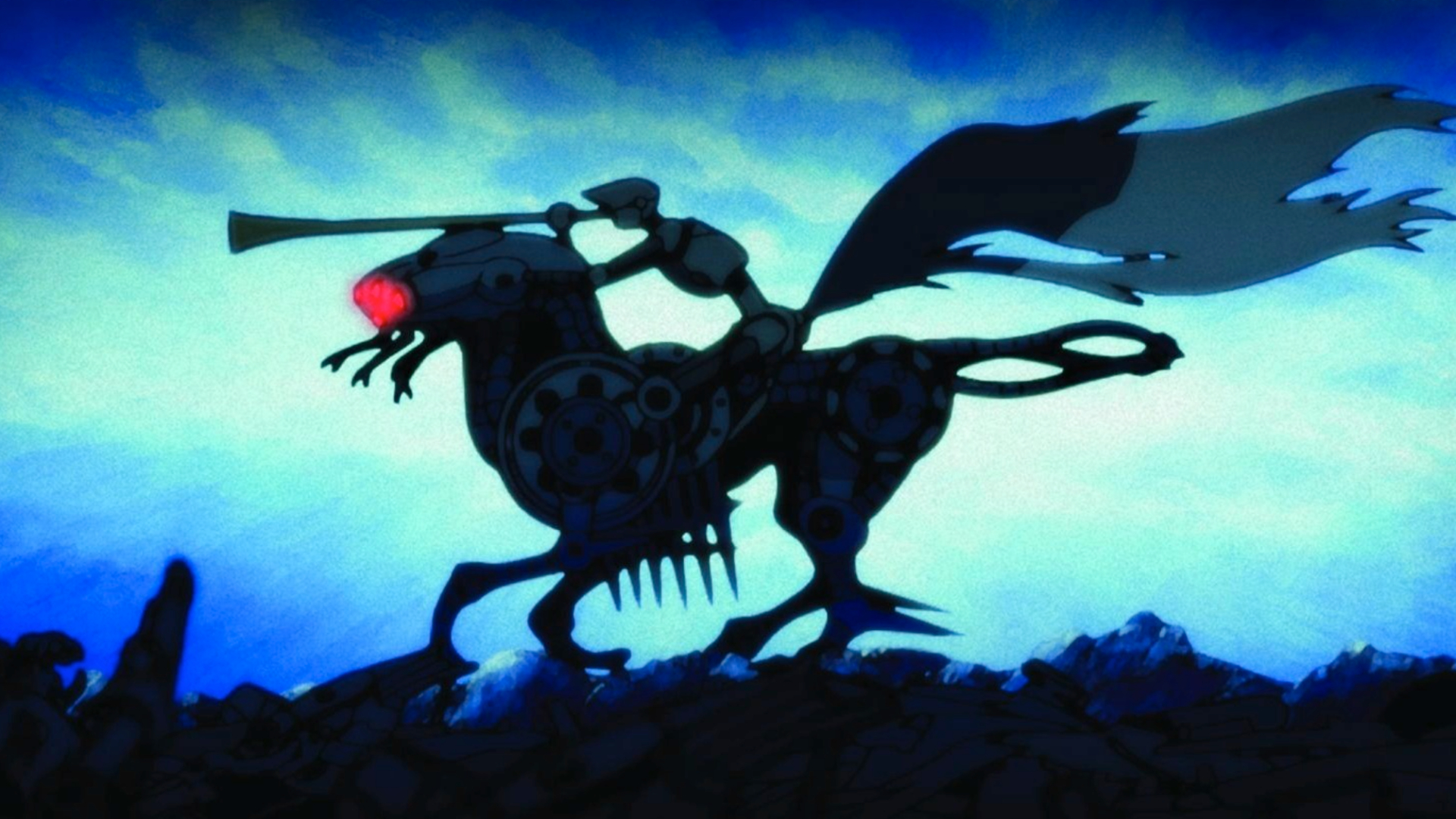 A still one of the nine animated short films from The Animatrix series.  A robot is blowing on a trumpet whilst riding a mechnical horse-looking creature, with a tatted red and white flag billowing out behind them.