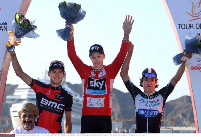 Chris Froome (Sky) with Tejay van Garderen (BMC) and Rigoberto Uran (Omega Pharma-QuickStep).