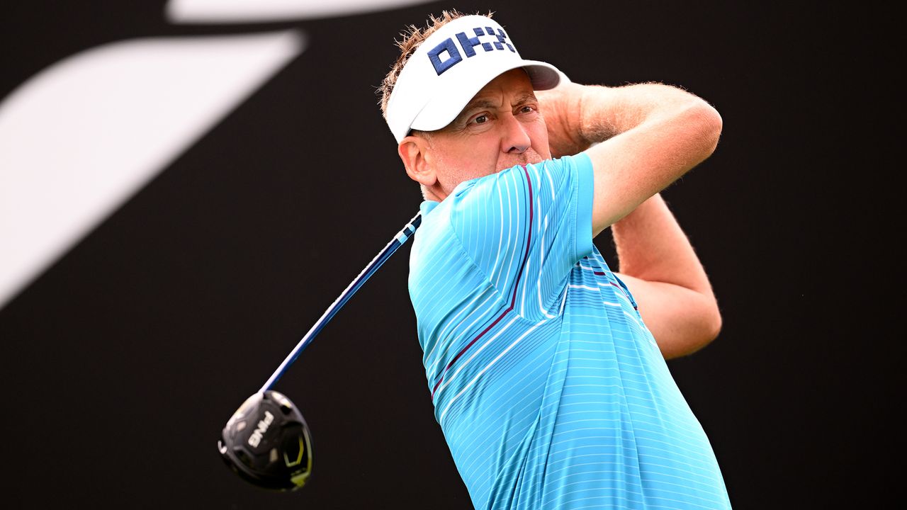 Ian Poulter hits a drive at the Dubai Desert Classic