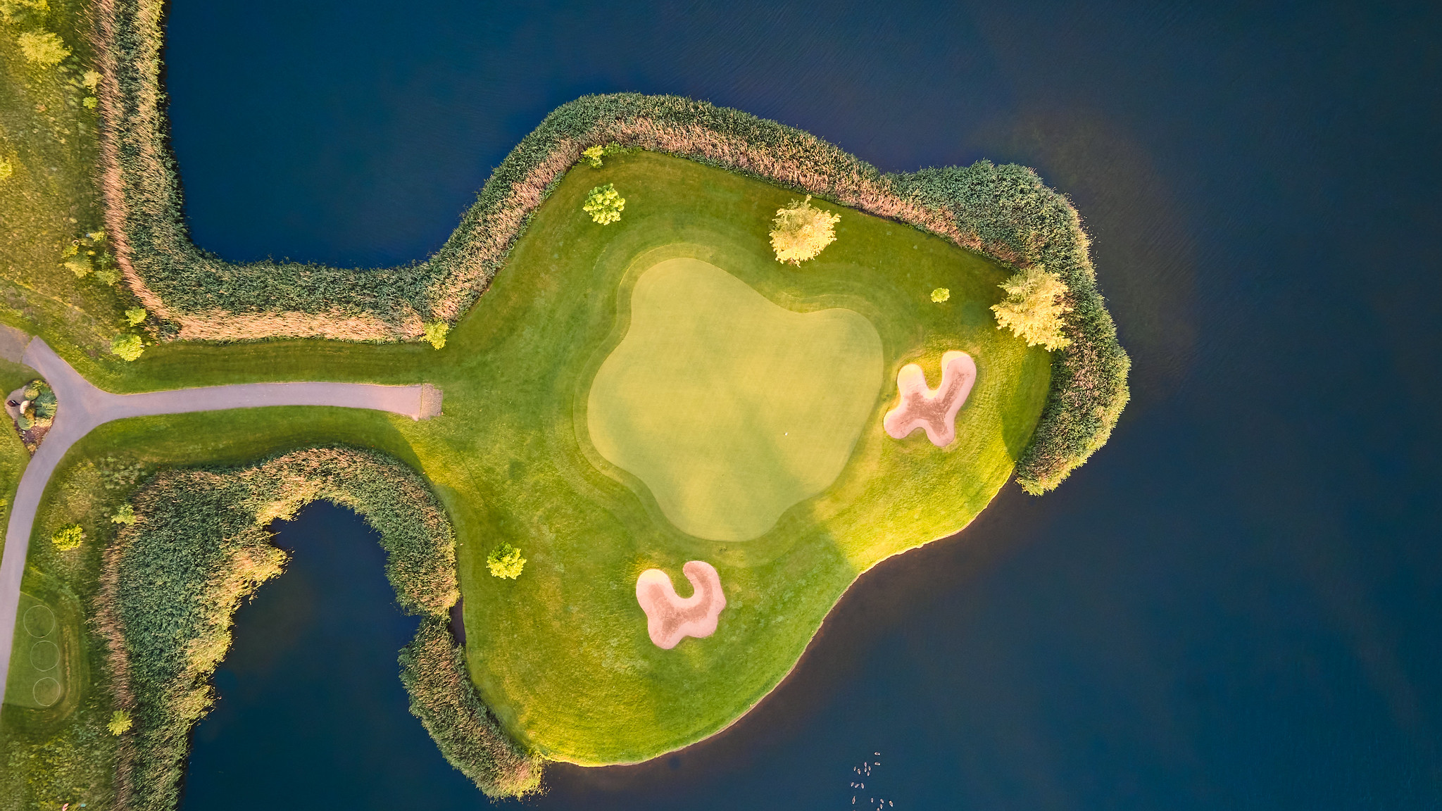 An aerial view of an island golf green