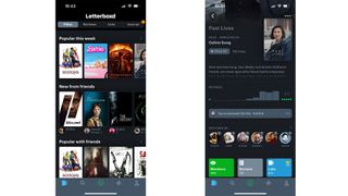 The Letterboxd app, showing a recent activity feed, and the details of a movie