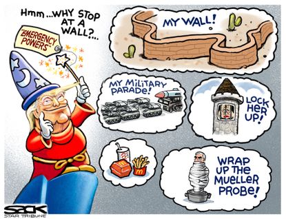 Political cartoon U.S. Trump wall government shutdown military parade mueller Hillary Clinton