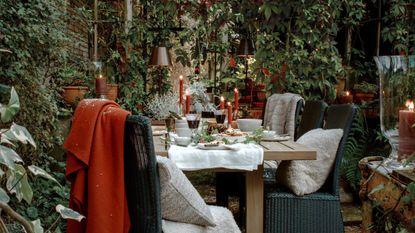 Neptune's Christmas table with foliage all around, a red throw over the back of a chair, a white runner on the table with red taper candles, white dinnerware, and holly