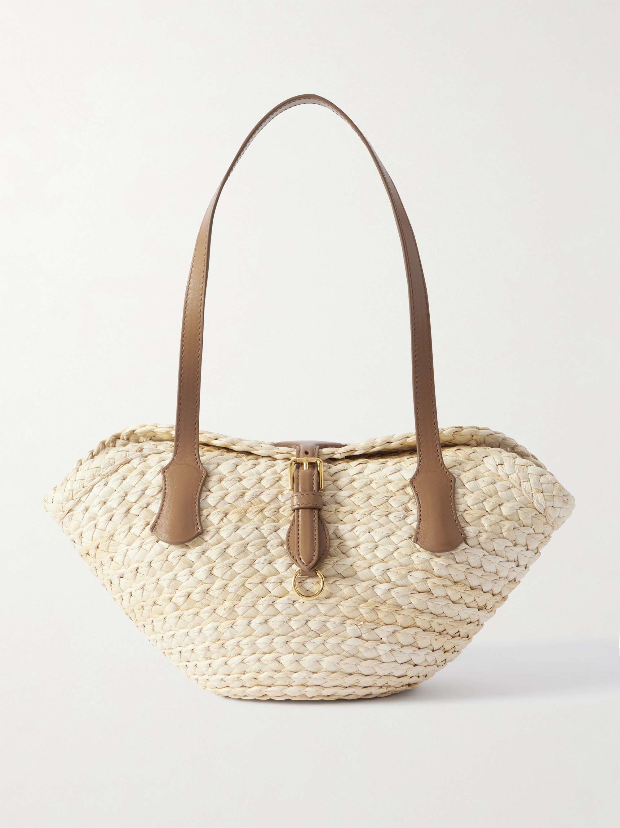 Leather-Trimmed Raffia Shoulder Bag