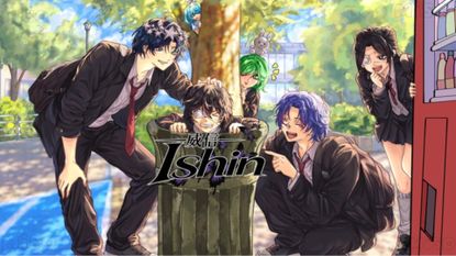 A group of teenagers laugh at another teenager in a trash can in Ishin on Roblox.