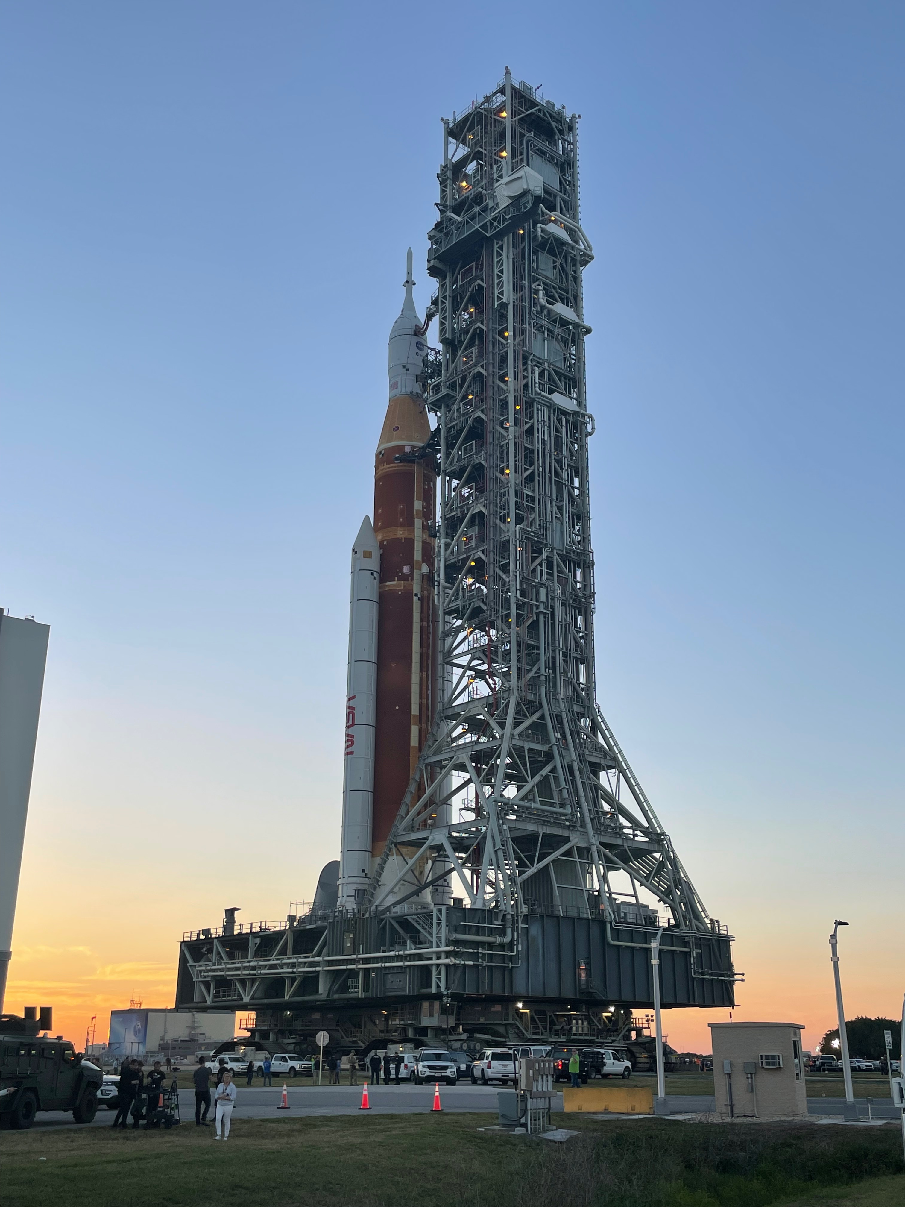 The SLS-Orion stack are traveling with their specially built launch tower, known as Mobile Launcher-1.