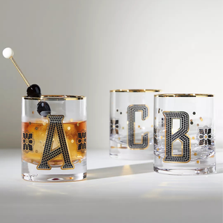 Monogrammed glass mugs with black and gold writing