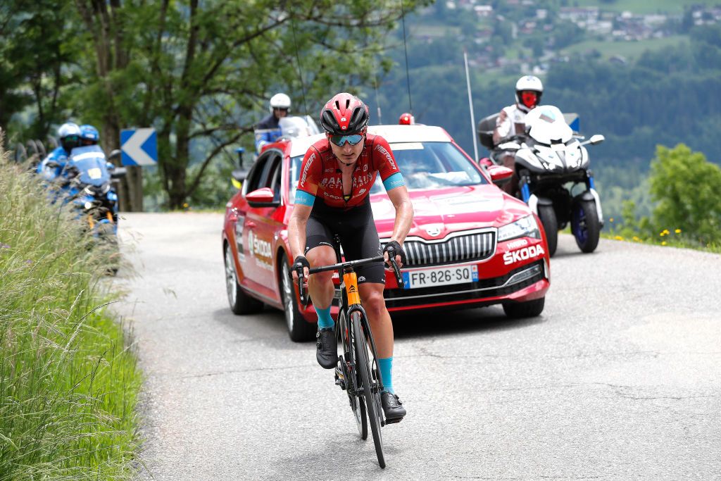 LES GETS FRANCE JUNE 06 Mark Padun of Ukraine and Team Bahrain Victorious in breakaway during the 73rd Critrium du Dauphin 2021 Stage 8 a 147km stage from La LchreLesBains to Les Gets 1160m UCIworldtour Dauphin dauphine on June 06 2021 in Les Gets France Photo by Bas CzerwinskiGetty Images