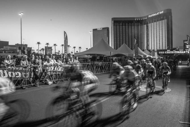 The women race earlier in the evening under the backdrop of Mandalay Bay.