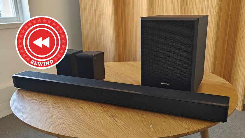 Hisense soundbar system in table with Rewind logo