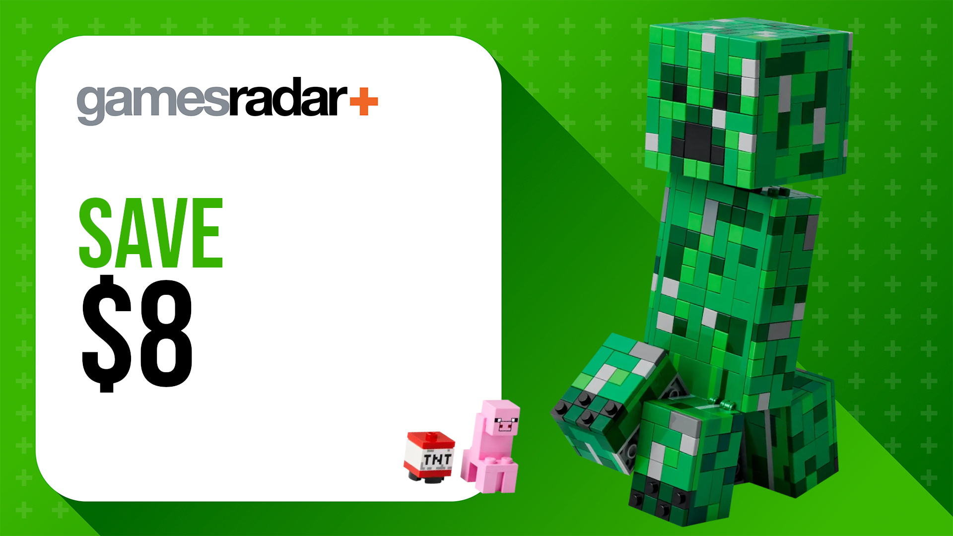 Lego The Creeper on a green background, with &quot;save $8&quot; and the GamesRadar+ logo on a white box