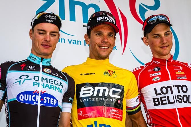ZLM Toer final podium (L-R): Gianni Meersman (Omega Pharma-QuickStep), Philippe Gilbert (BMC), Tim Wellens (Lotto Belisol)