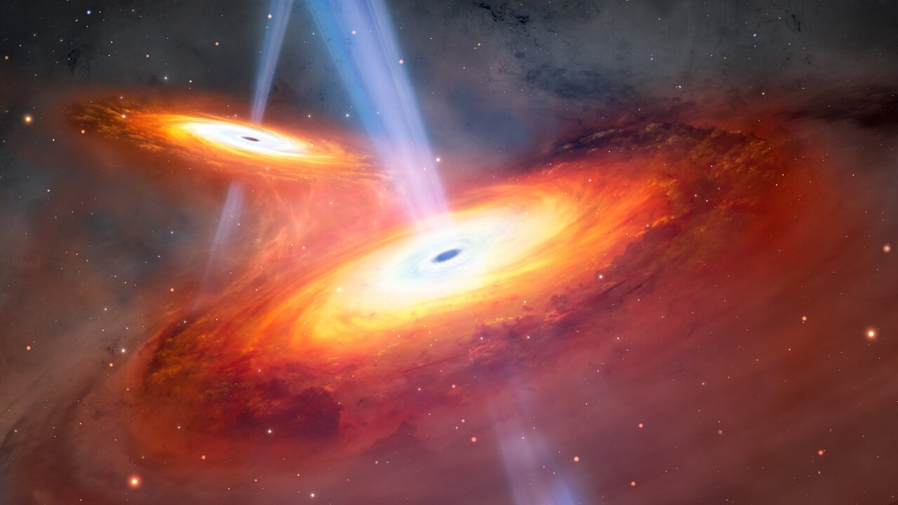 This illustration depicts two quasars in the process of merging. Using both the Gemini North telescope and the Subaru Telescope, a team of astronomers have discovered a pair of merging quasars seen only 900 million years after the Big Bang. Not only is this the most distant pair of merging quasars ever found, but also the first confirmed pair found in the period of the universe known as cosmic dawn.
