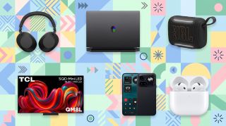 Assorted tech products arranged on a pastel background with geometric shapes.