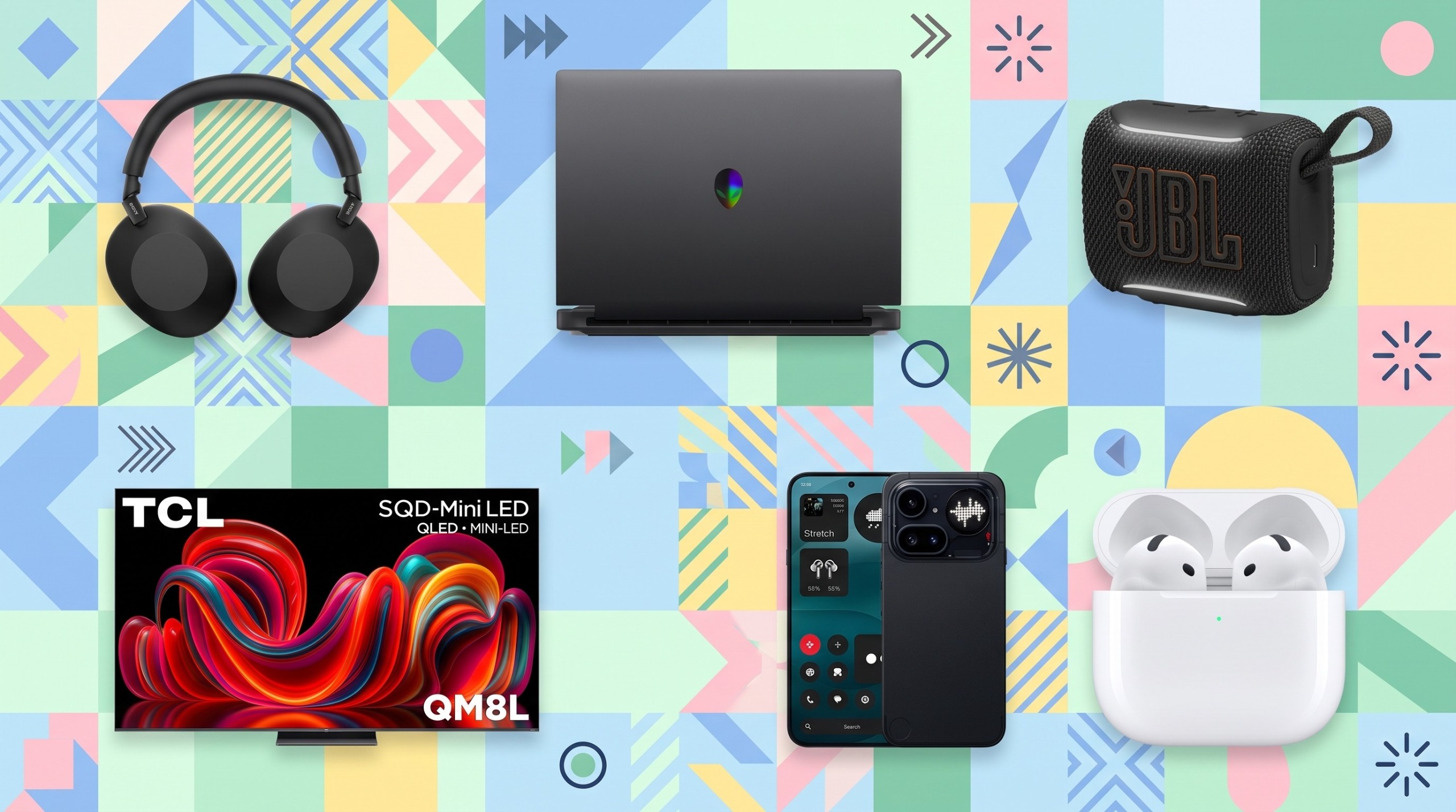 Assorted tech products arranged on a pastel background with geometric shapes.