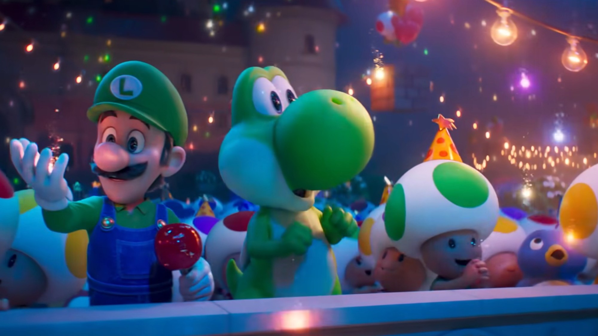 Luigi, Yoshi, and some Toads marveling at lights in The Super Mario Galaxy Movie