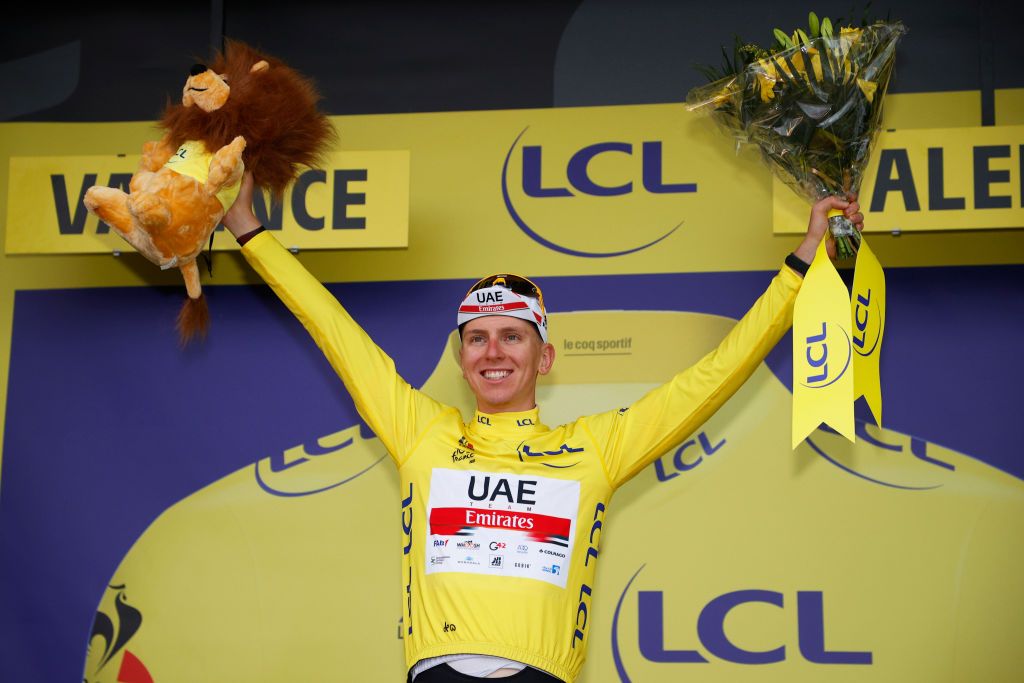 Tadej Pogacar (UAE Team Emirates) on the podium after stage 10