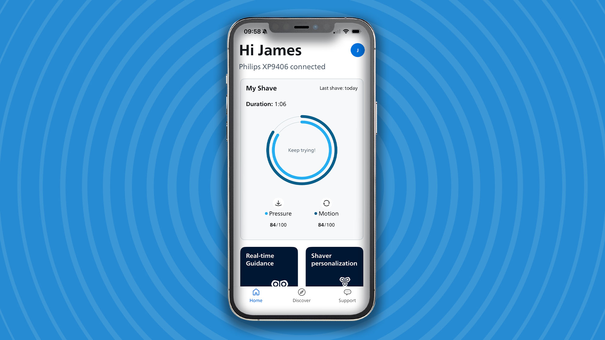 Philips app showing shaving report from Norelco i9000 Prestige Ultra Day & Night shaver 