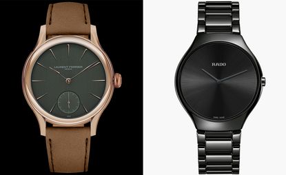 Minimalist watches, by Laurent Ferrier (left) and Rado (right)
