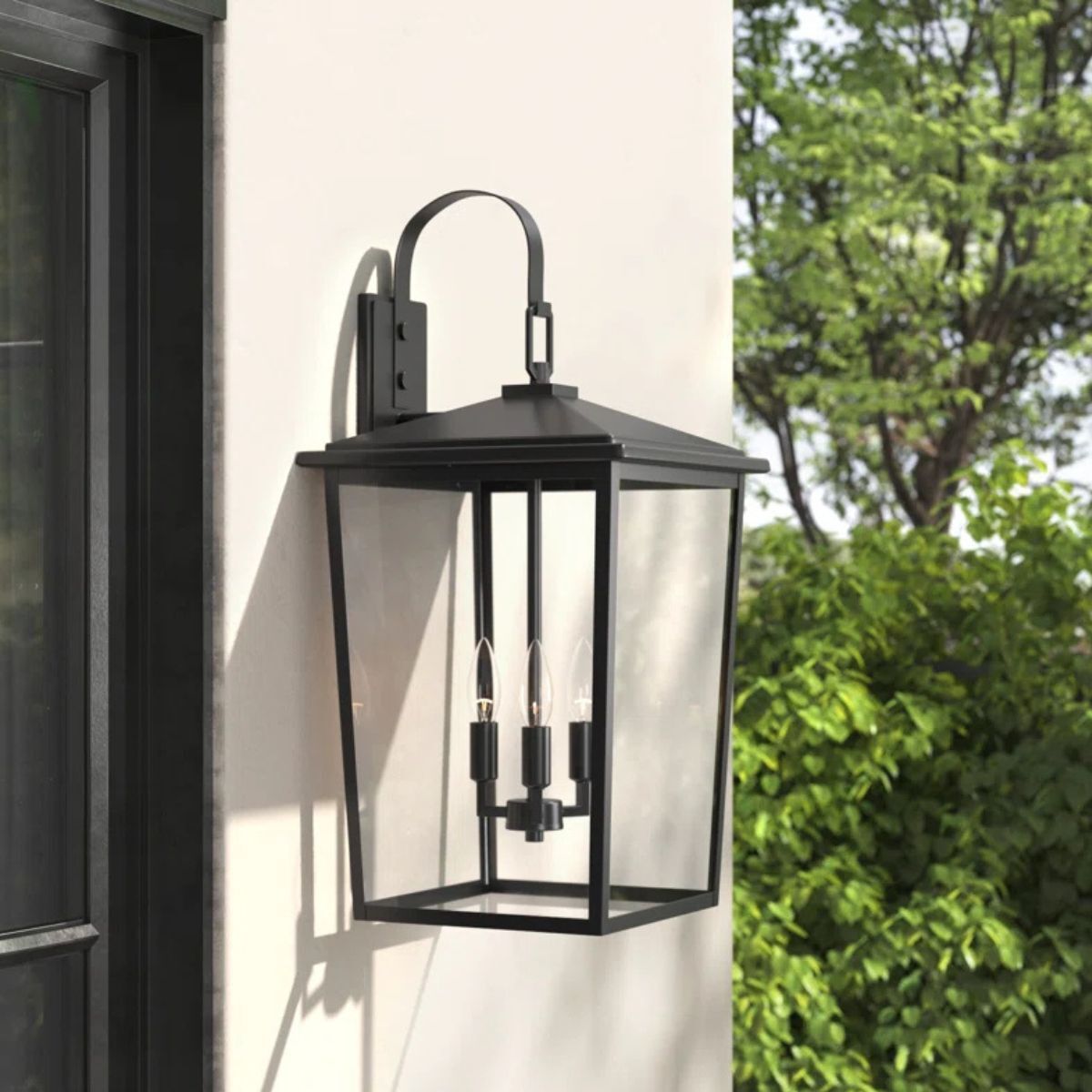 A black lantern outdoor light