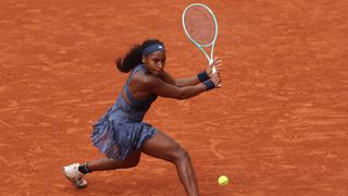Coco Gauff hitting a shot at the French Open 2025