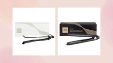 Collage of two ghd straighteners (L-R) white ghd Platinum+ straighteners, black ghd Gold straighteners