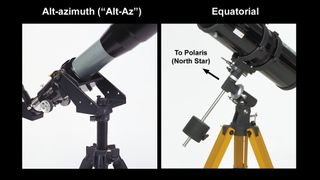 Altazimuth mounts (left) allow the telescope to move up and down as well as left and right, while equatorial mounts (right) turn on only one axis, making it easier for you to track objects across the sky. Equatorial mounts are easier to control by motor.