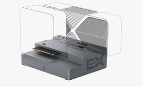 Beelink's now-open-sourced PCIe x8 eGPU dock, the Beelink EX Docking Station, with outlines of a mounted Nvidia RTX 40 Series Card and Beelink GTi14 or GTi12 Mini PC.