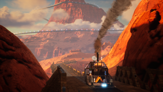 A steam-powered train emerges from a tight track into a vast open mountain scape 