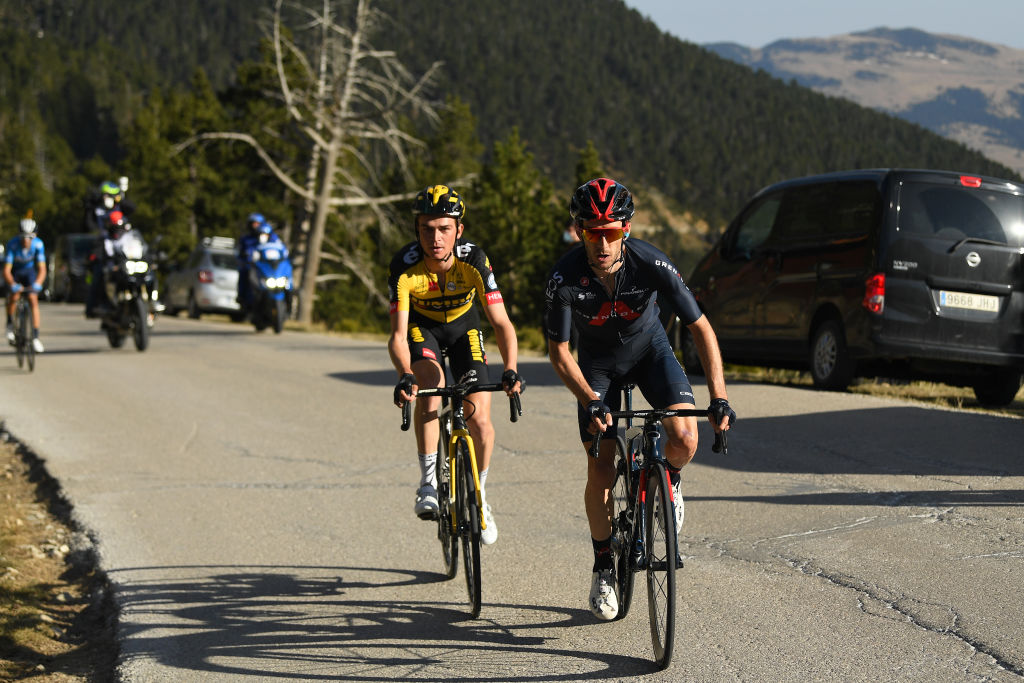 VALLTER 2000 SETCASES VALL CAMPRODON SPAIN MARCH 24 Adam Yates of United Kingdom and Team INEOS Grenadiers Sepp Kuss of United States and Team Jumbo Visma during the 100th Volta Ciclista a Catalunya 2021 Stage 3 a 2031km stage from Canal Olmpic de Catalunya to Vallter 2000 Setcases Vall Camprodon 2125m Breakaway Attack VoltaCatalunya100 on March 24 2021 in Vallter 2000 Setcases Vall Camprodon Spain Photo by David RamosGetty Images
